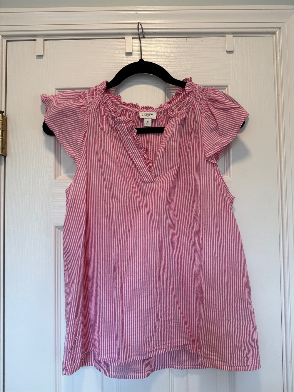 J. Crew Pink Striped Ruffle-Neck Cap Sleeve Top